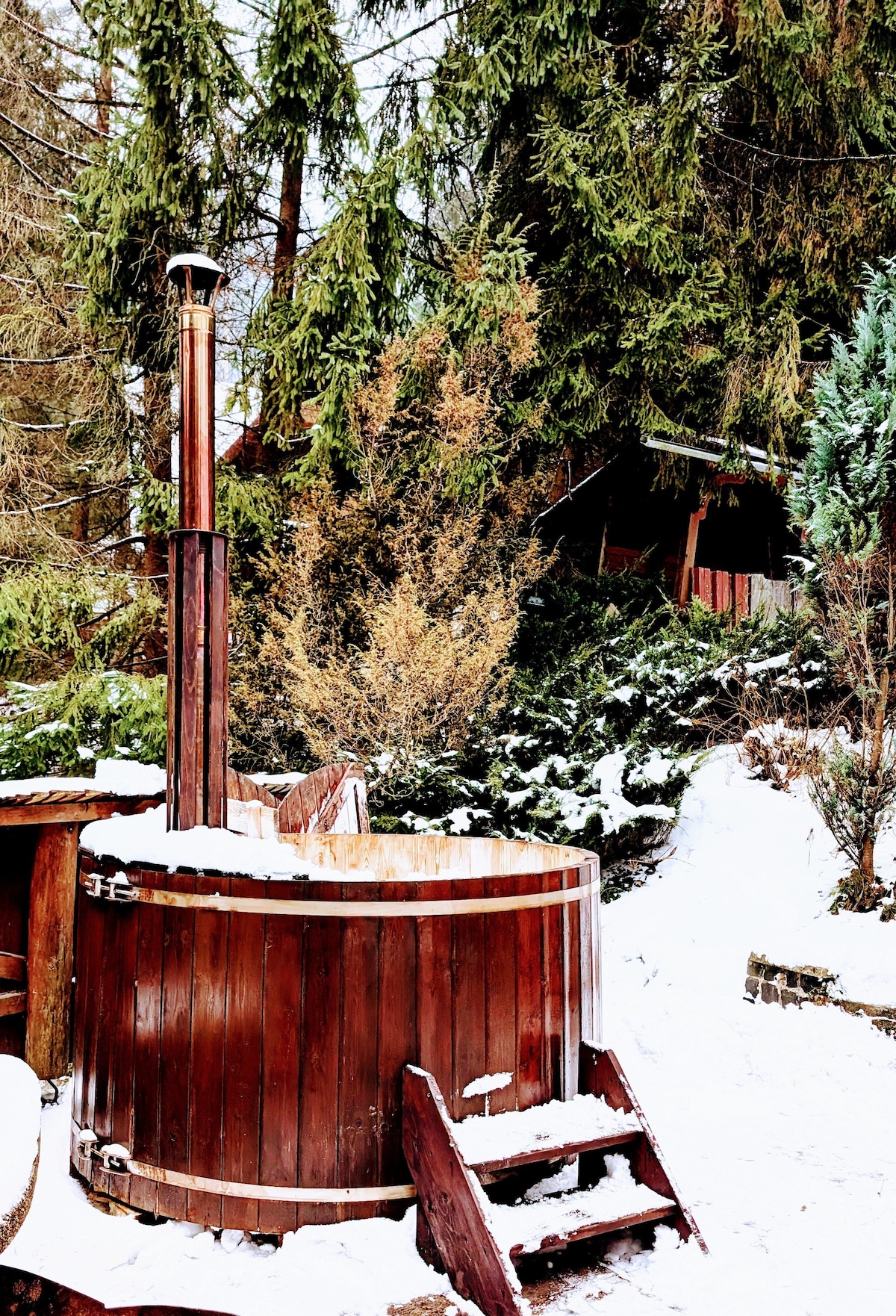 A wooden hot tub is situated among evergreen trees, surrounded by a blanket of snow. The structure features a ladder for easy access, with steam gently rising from the opening. A rustic backdrop of greenery and wooden structures is visible in the distance.