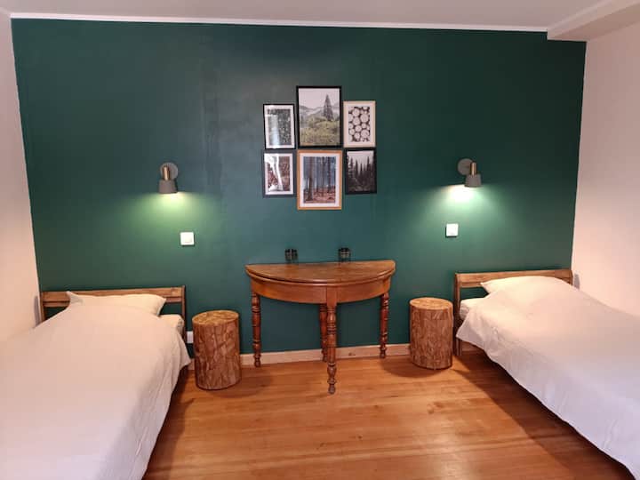 Cette chambre est modulable. Peut accueillir un couple en formant un grand lit, ou des enfants avec deux petits lits. Un lit bébé peut être rajouté sur demande.