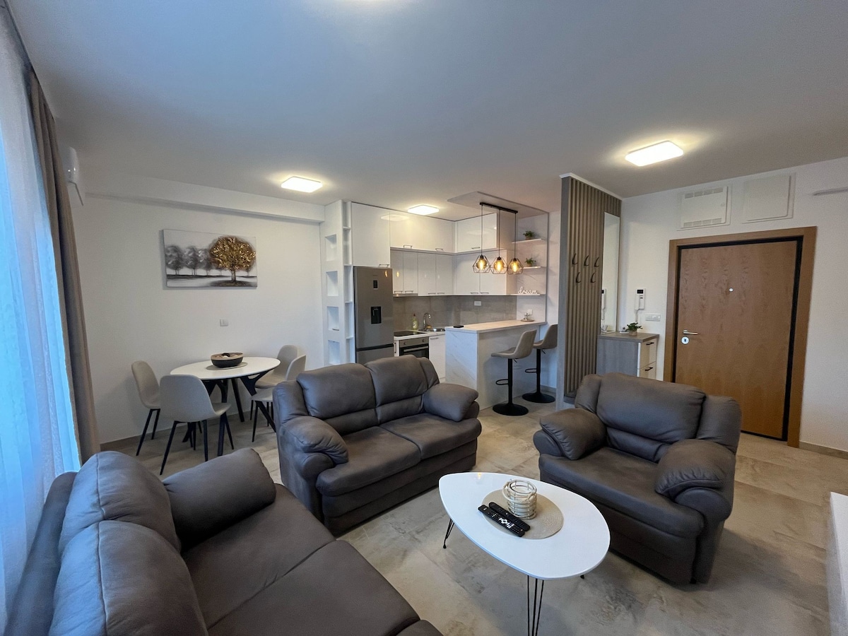 A modern living space is highlighted by comfortable leather sofas arranged around a sleek coffee table. The open layout connects the living area to a dining table and a well-equipped kitchen, characterized by clean lines and contemporary fixtures.