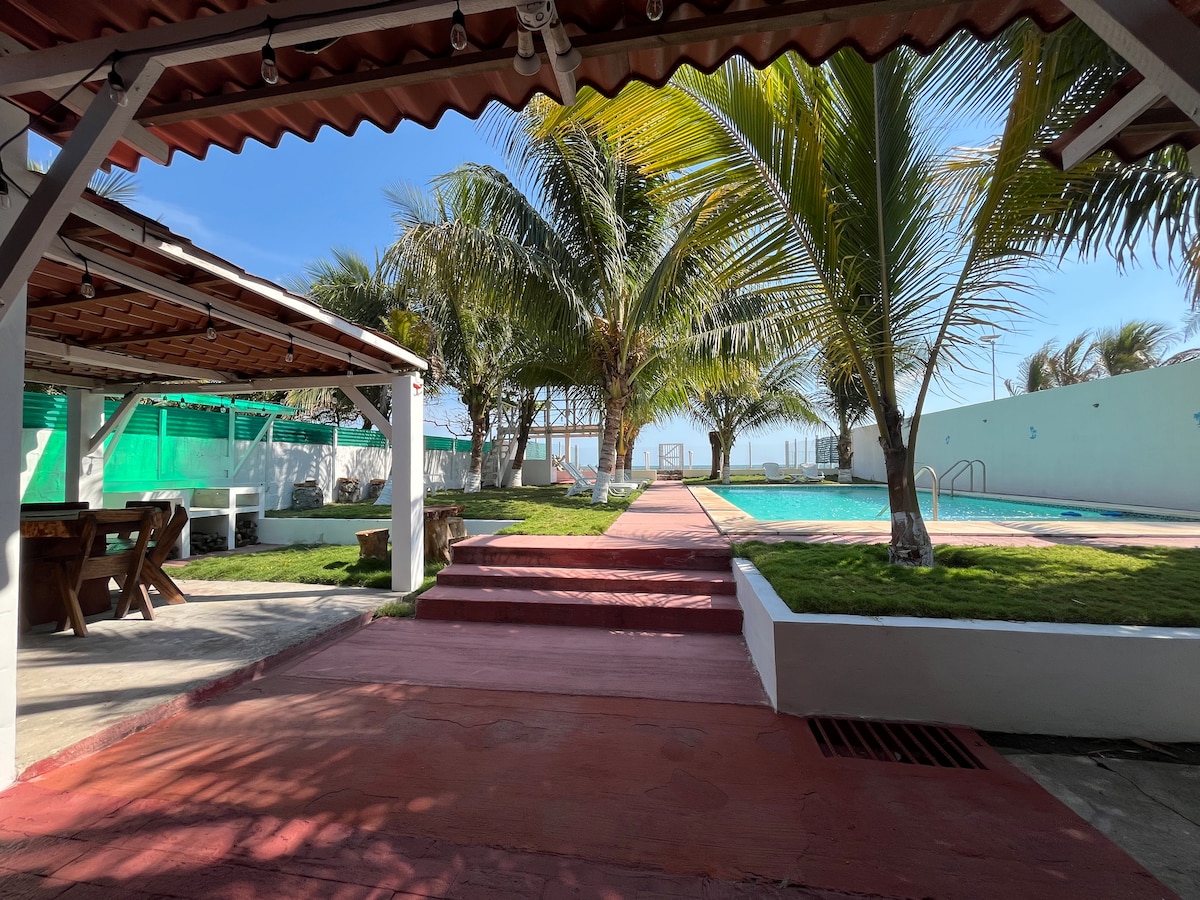 An outdoor area features a pathway leading to a spacious swimming pool surrounded by palm trees. A shaded seating area is visible to the left, with a large table and several chairs. The bright sky enhances the inviting atmosphere of the beachfront property.