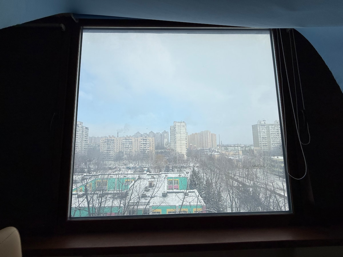 The image shows a large window framed in dark wood, offering a view of a snowy landscape. Apartment buildings rise in the background, while open green spaces are visible below. Soft clouds cover the sky, creating a serene atmosphere.
