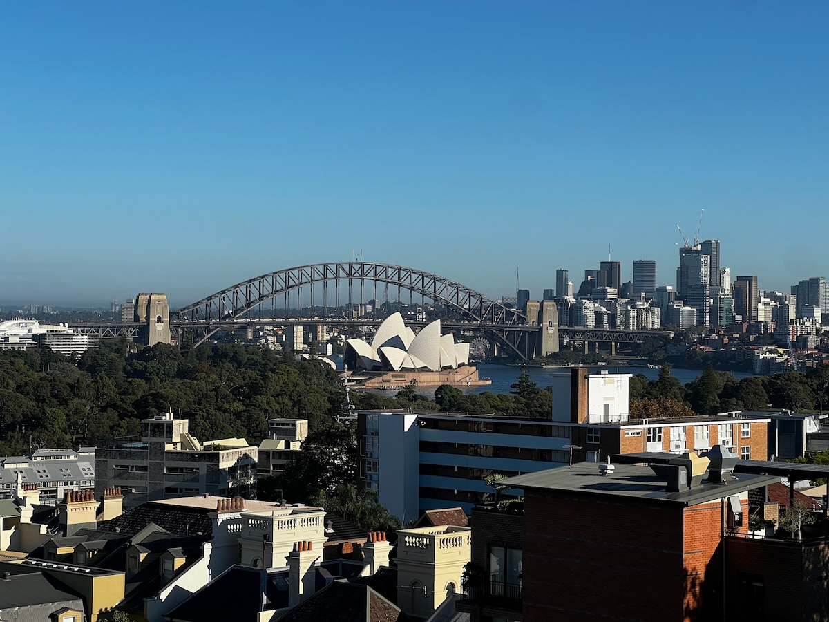 An expansive view captures the Sydney Opera House and Harbour Bridge, framed by a clear blue sky. Surrounding cityscapes include modern buildings and greenery, creating a vibrant urban atmosphere. Rooftops with various architectural styles are visible in the foreground, providing context to the panoramic scene.