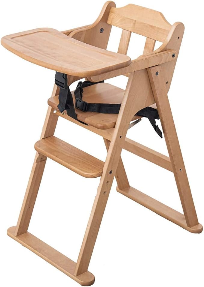 A wooden high chair is presented, featuring a wide, flat tray at the front and a comfortable seat with safety straps. The sturdy frame includes a footrest and two lower rails, designed for stability and ease of use during mealtimes for young children.