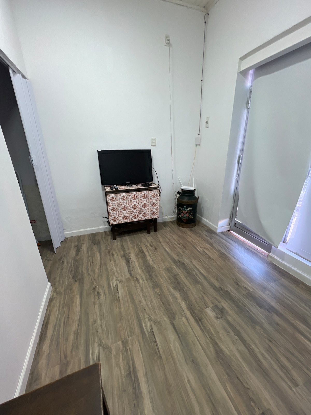 A small living area features a flat-screen television placed on a wooden stand with a decorative cloth. Natural light enters through a sliding door, illuminating the light wooden floor. A small potted plant is positioned beside the furniture.