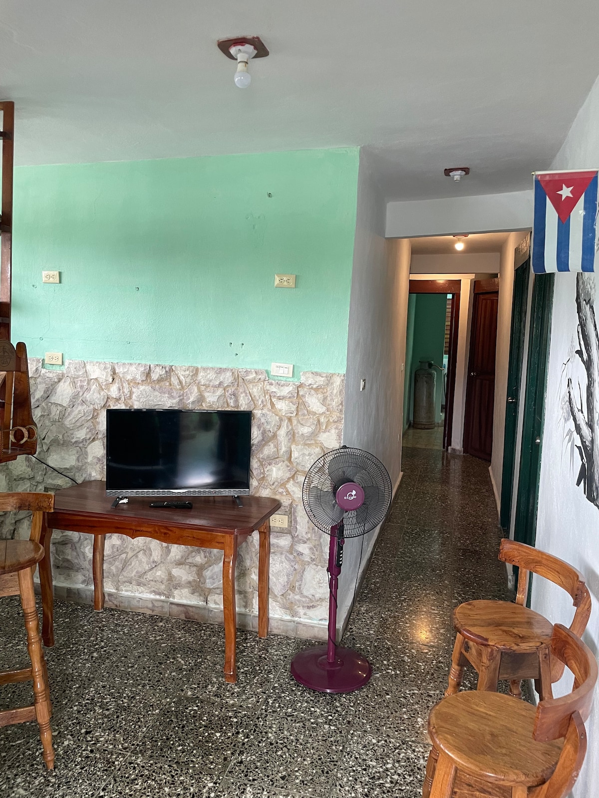 A living area is visible, featuring a small wooden table and three wooden chairs. A television stands against a green-painted wall, while a fan is positioned nearby on the floor. A corridor leading to other areas of the property can be seen in the background.