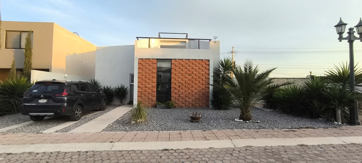 A modern house is showcased with a distinctive brick facade and large windows. The front yard features neatly arranged gravel, surrounded by palm plants. A dark vehicle is parked on the driveway, and decorative stones lead towards the entrance of the home.