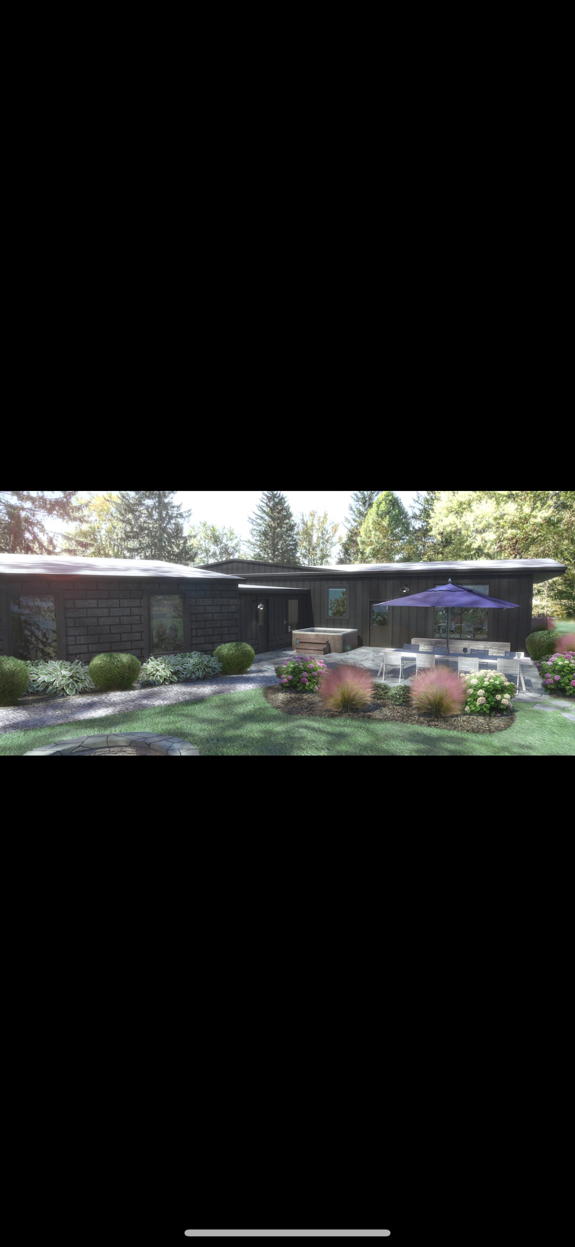 The exterior of a modern mid-century home is presented, featuring dark wood siding and large glass windows. Lush green landscaping surrounds the property, with flowering plants and manicured shrubs. A patio area with outdoor seating is visible, complemented by a shaded umbrella, providing a welcoming outdoor space.