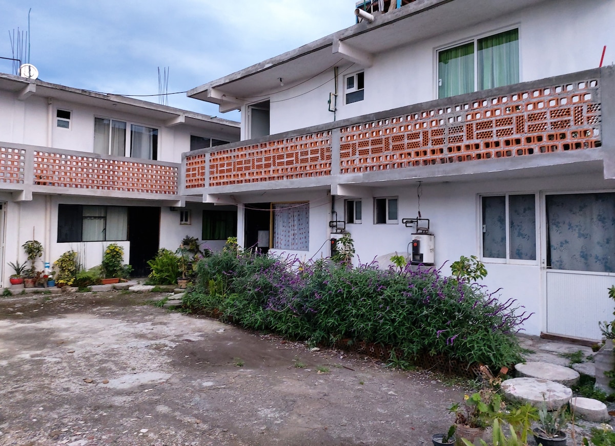 A multi-unit building is surrounded by a shared outdoor space featuring low shrubbery and potted plants. Balconies with decorative brick railings overlook the courtyard, which has a gravel surface and is partly shaded by the structure. Windows offer glimpses of the interior.