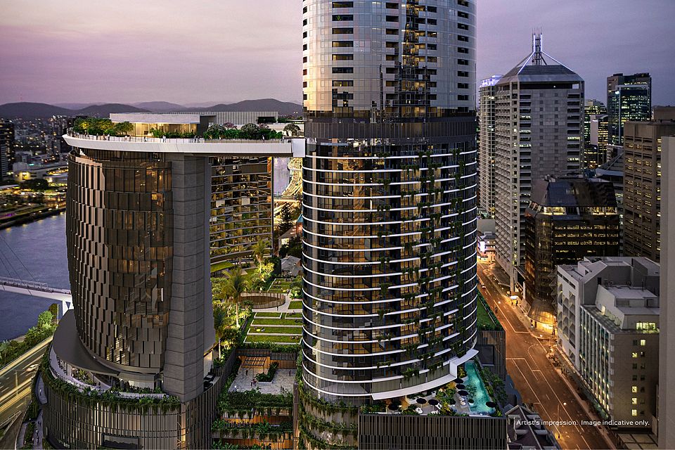 The modern building complex features a sleek facade with curved balconies, surrounded by lush greenery. City lights illuminate the area as twilight sets in, showcasing the vibrant urban atmosphere of Brisbane. The structure's unique design highlights its contemporary architecture.