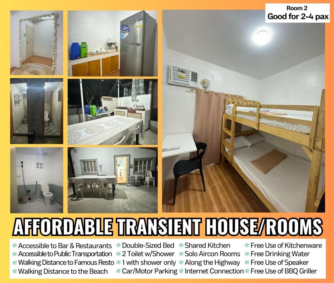 A shared kitchen area includes essential appliances, such as a refrigerator and a stove, along with a dining table. A cozy sleeping room displays a double-sized bed and a side table, accompanied by a window that allows natural light. House amenities are highlighted.