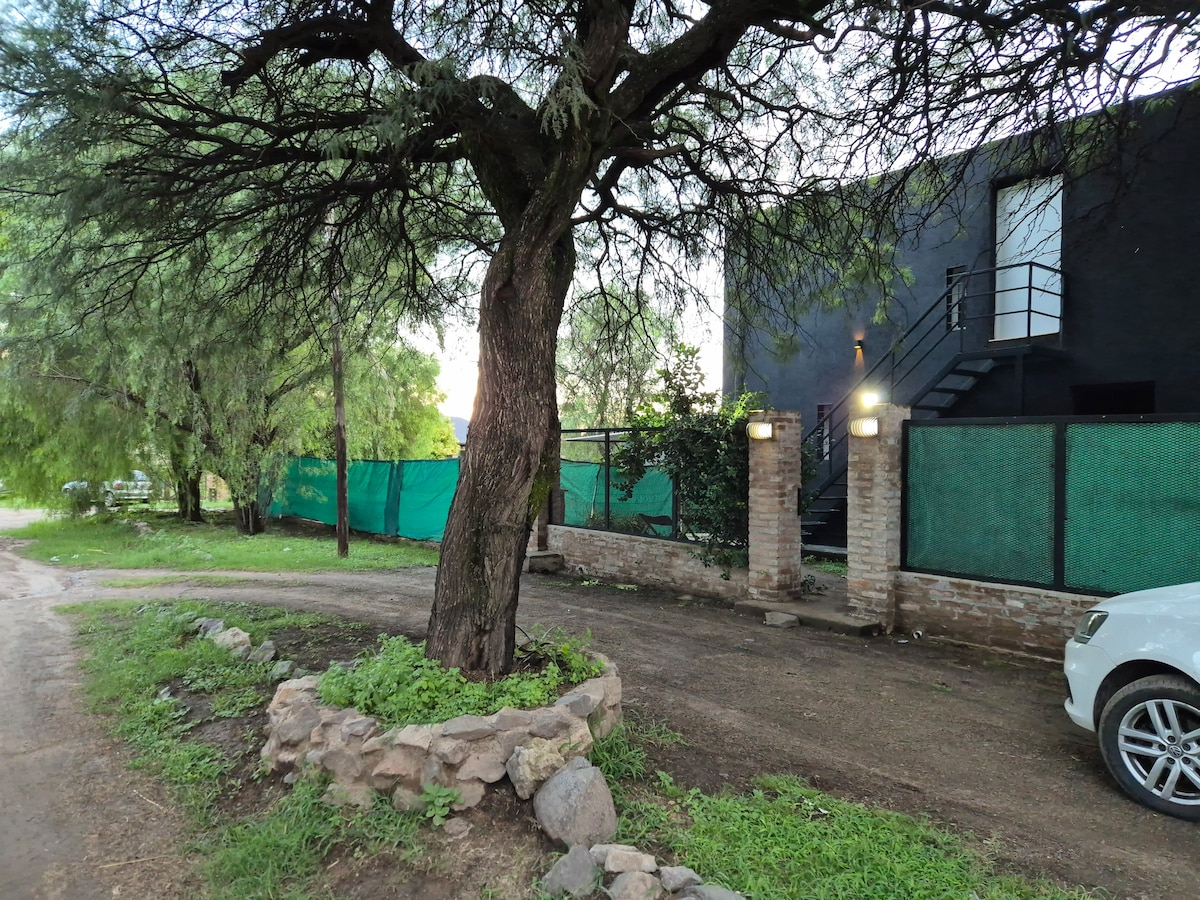 A tree with a sprawling canopy stands near a dirt path, with a black building in the background. The property is enclosed by green fencing, and soft lighting from wall fixtures illuminates the entrance. A small stone border defines an adjacent garden area.