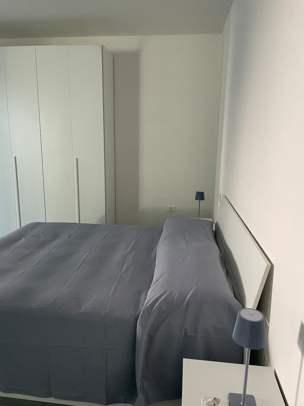 A cozy sleeping area features a spacious bed with a soft gray coverlet. A modern bedside table is accompanied by a simple blue lamp. A light-colored wardrobe stands against the wall, complementing the minimalistic design of the room.