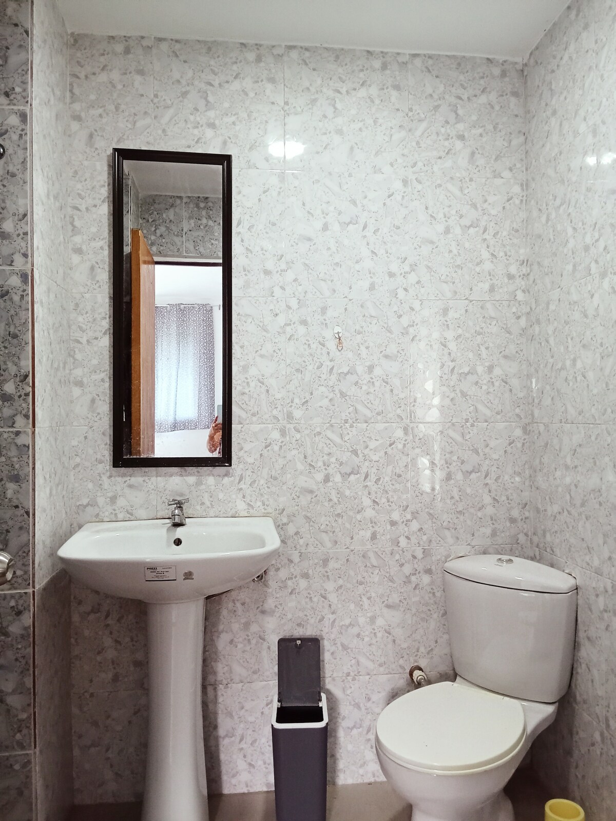 The bathroom features a compact layout with marble-patterned walls. A pedestal sink is positioned beside a modern toilet. A tall mirror reflects light, contributing to the sense of space. A small waste bin is located on the floor, completing the essential amenities.