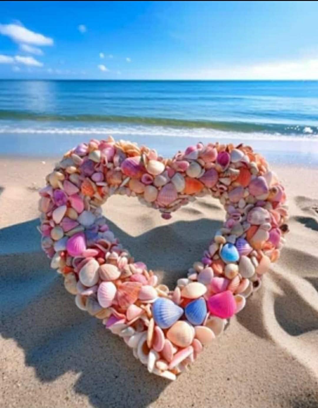 A heart-shaped arrangement of various seashells is displayed on sandy beach. The shells, in shades of pink, white, and purple, contrast against the soft sand, with a backdrop of a calm sea and blue sky enhancing the coastal ambiance.