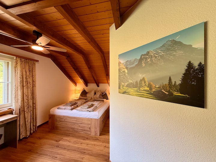 Cama doble grande y nueva (julio de 2025) con somier de láminas ajustable y colchones nuevos, 160 x 200 cm - cama tamaño queen; ventilador de techo, armario empotrado grande, escritorio y silla. Dormitorio con vistas al campo - tranquilo, mosquitera