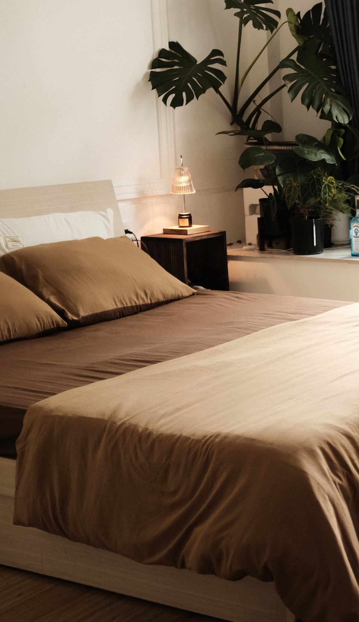 A spacious bed with brown bedding is positioned near a window adorned with lush green plants. A bedside table holds a small lamp and a few books, providing a gentle glow. Natural light filters through the window, enhancing the calm ambiance.