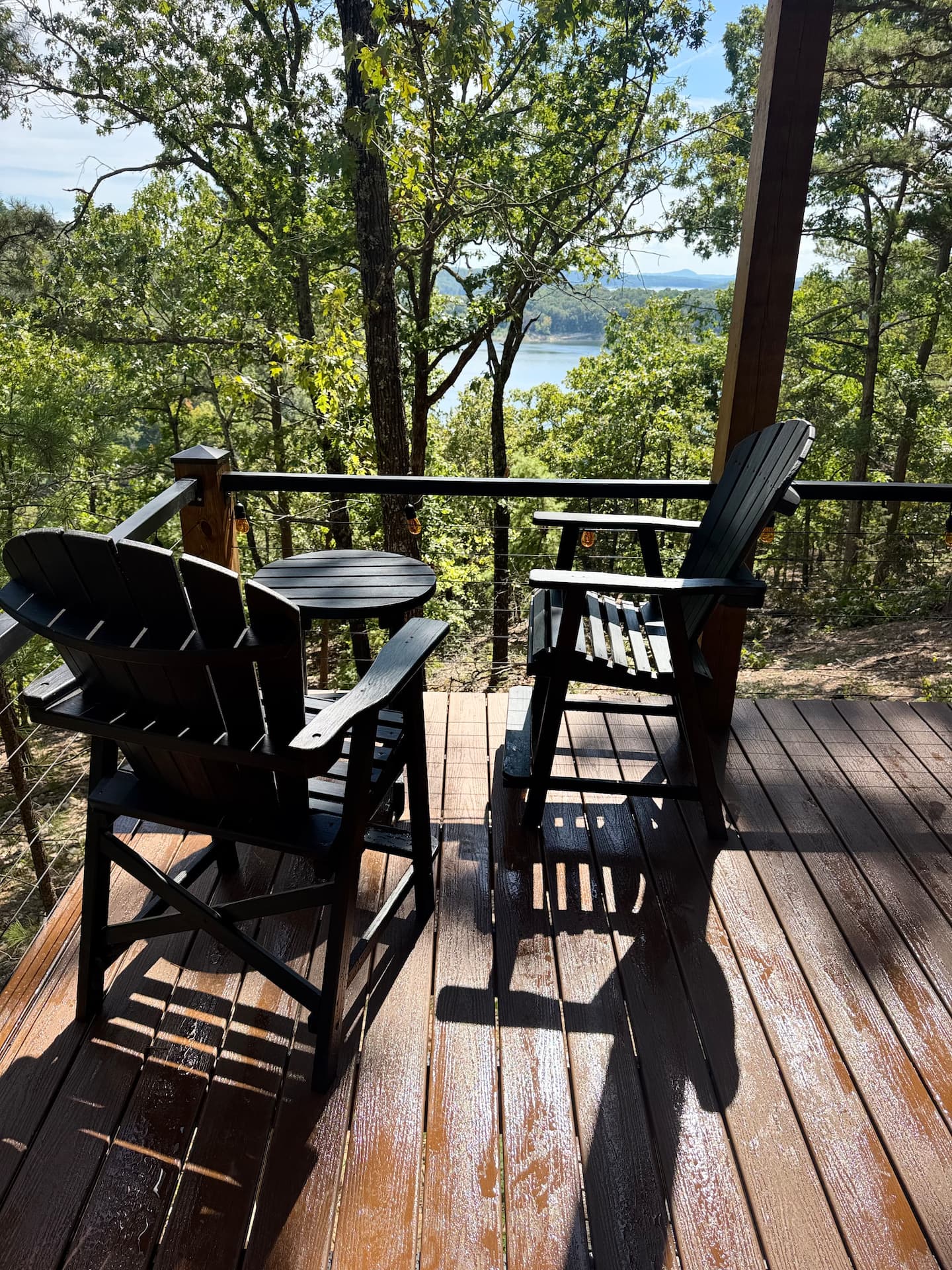 Lakefront Treehouse interior and forest view