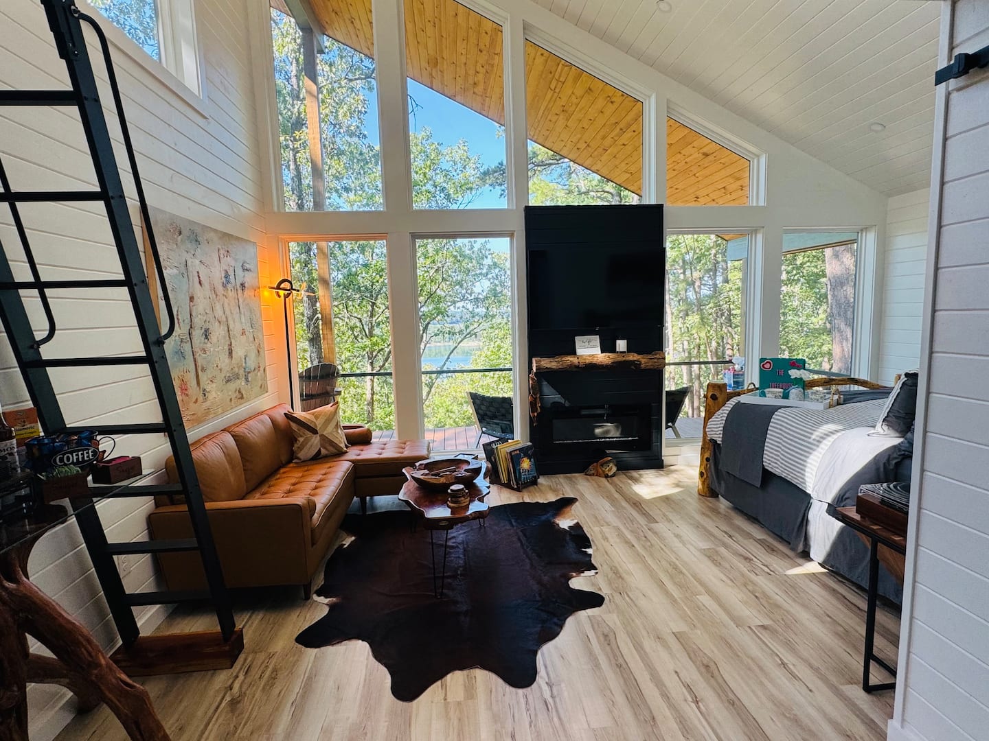 Modern living room inside the Lakefront Treehouse