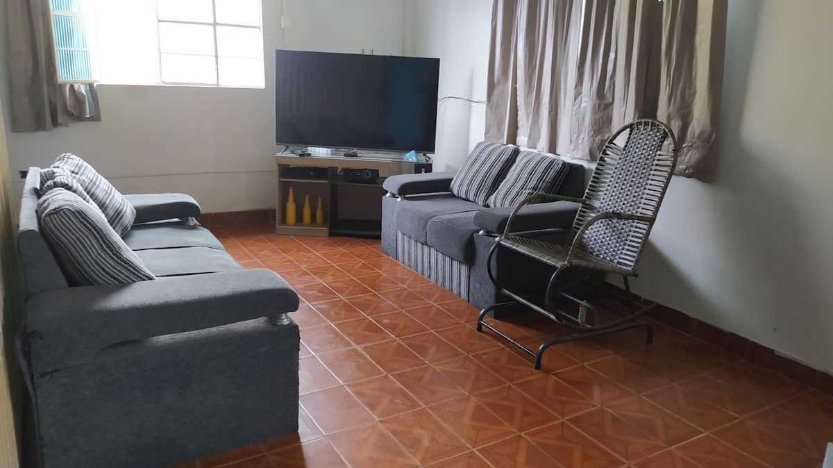 A living area features two dark gray sofas with striped cushions, complemented by a wicker chair. A television is positioned on a low black entertainment unit, while natural light enters through a nearby window, enhancing the space's comfort.