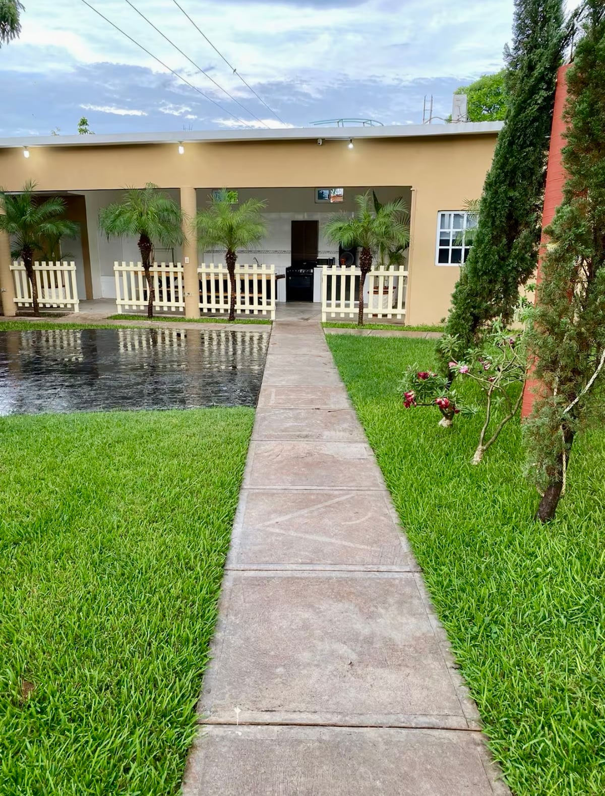 A paved pathway leads from a grassy area to an outdoor space with palm trees. In the background, a kitchen area is visible, framed by a low fence. Water glistens in a nearby pool, reflecting the surrounding greenery.