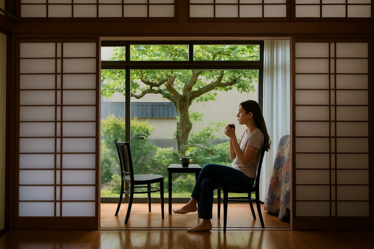 An interior view of a traditional Japanese room features a woman seated at a small table, with a serene garden visible through large sliding glass doors. The room is illuminated with natural light, and two simple chairs complement the setting.