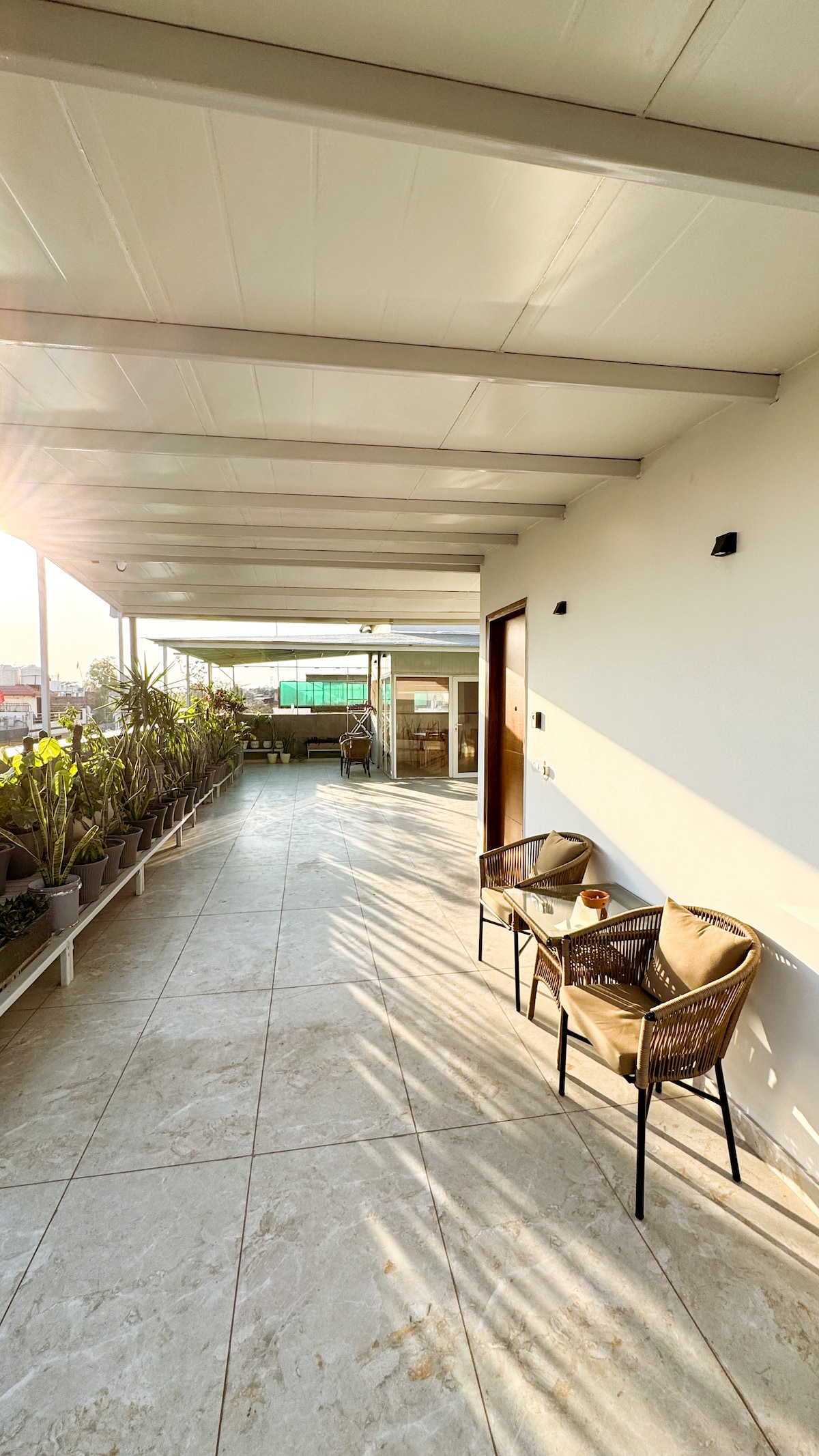 A spacious terrace area features a tiled floor and is lined with potted plants. Two chairs with a small table are positioned to catch sunlight, offering a cozy spot for relaxation. A glimpse of the surrounding city can be seen in the background.
