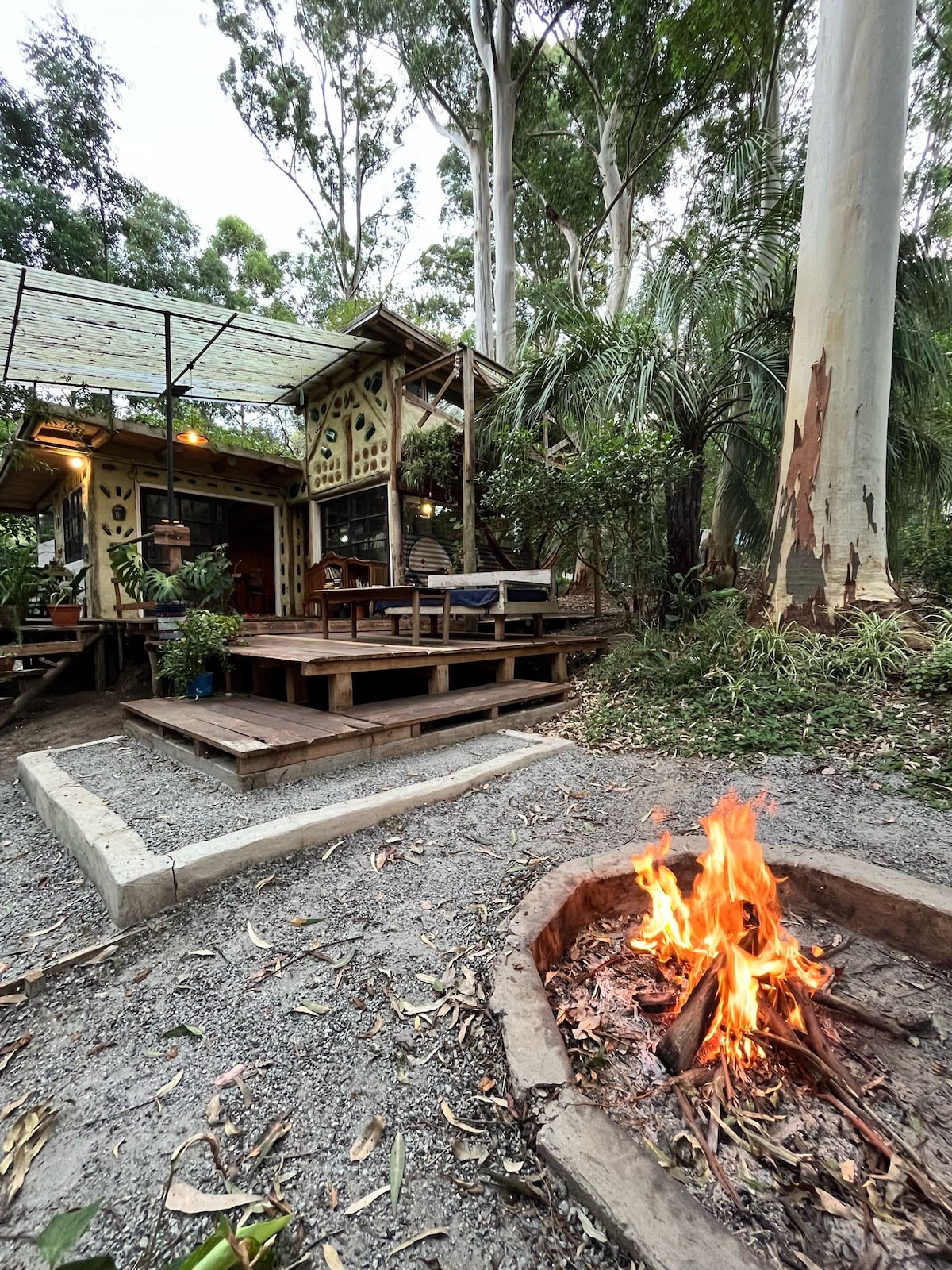 A rustic building constructed from wood and clay is surrounded by greenery, including tall trees. In the foreground, a fire pit with a vibrant flame is visible, with wooden deck steps leading up to the entrance of the house, creating an inviting outdoor space.