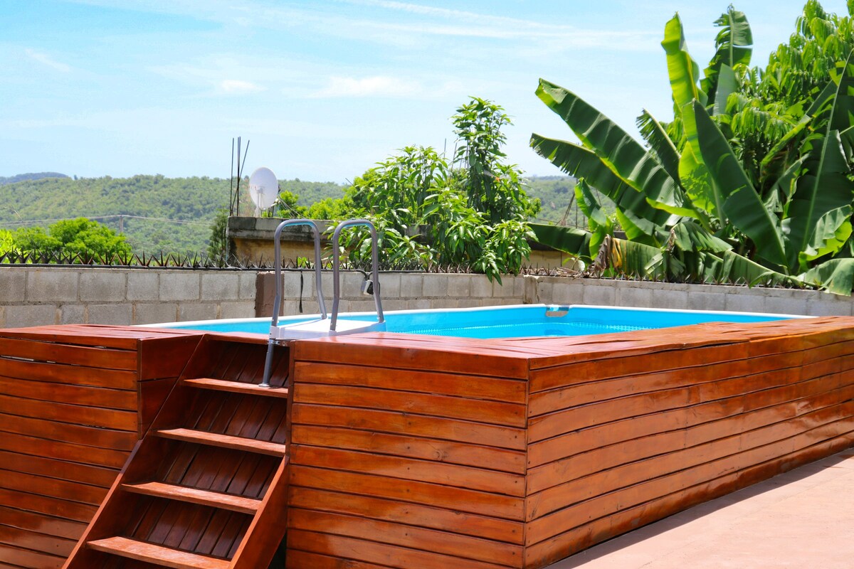A wooden pool area features a set of stairs leading into the water, surrounded by lush green foliage and tall banana plants. The serene landscape is framed by gentle hills in the background under a clear blue sky.