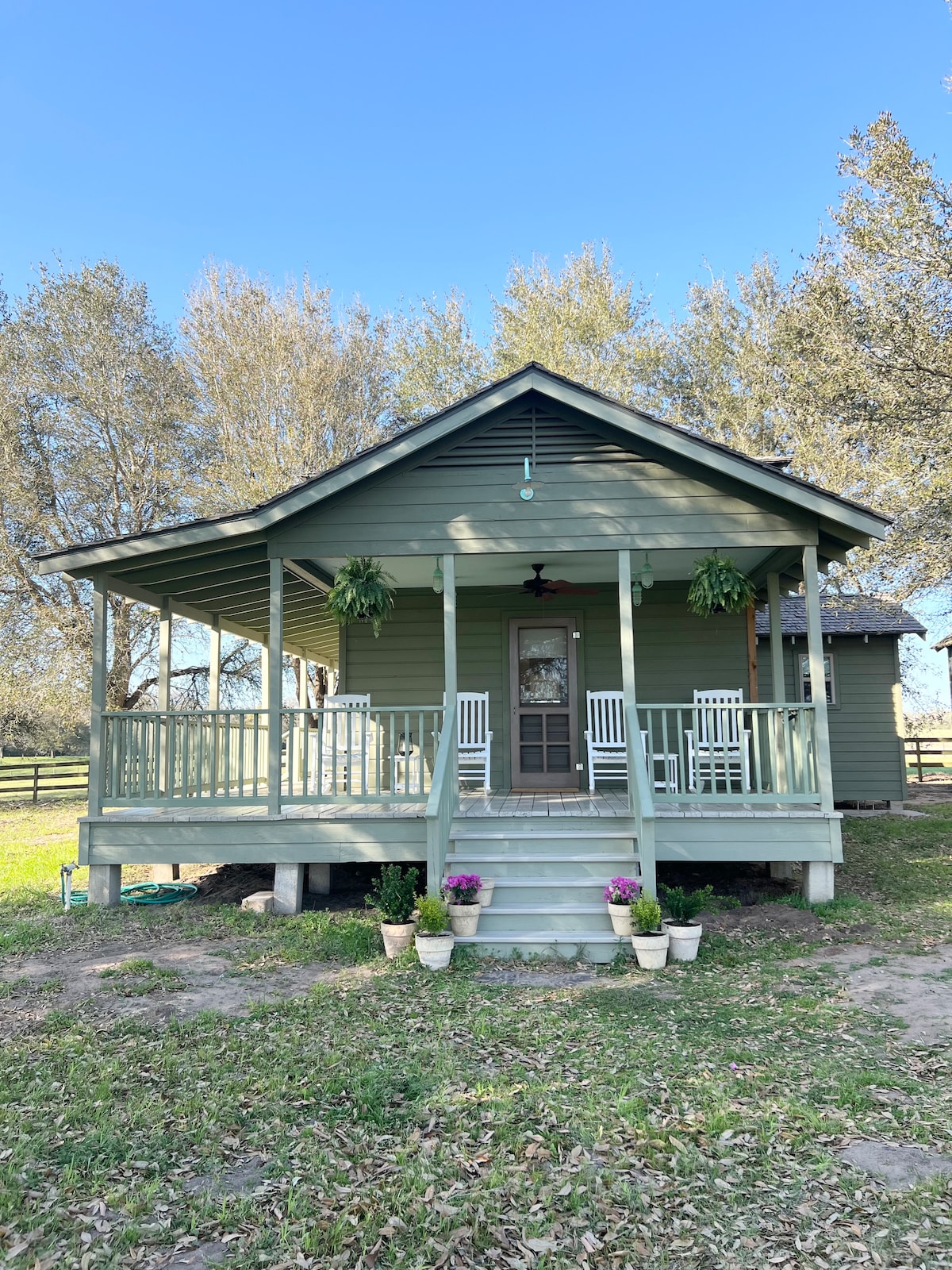 A charming lakeside cabin features a welcoming porch with rocking chairs and hanging plants. Steps lead to the entrance, flanked by potted flowers. The exterior, painted in a soft green, is surrounded by trees under a clear blue sky, creating a serene outdoor setting.