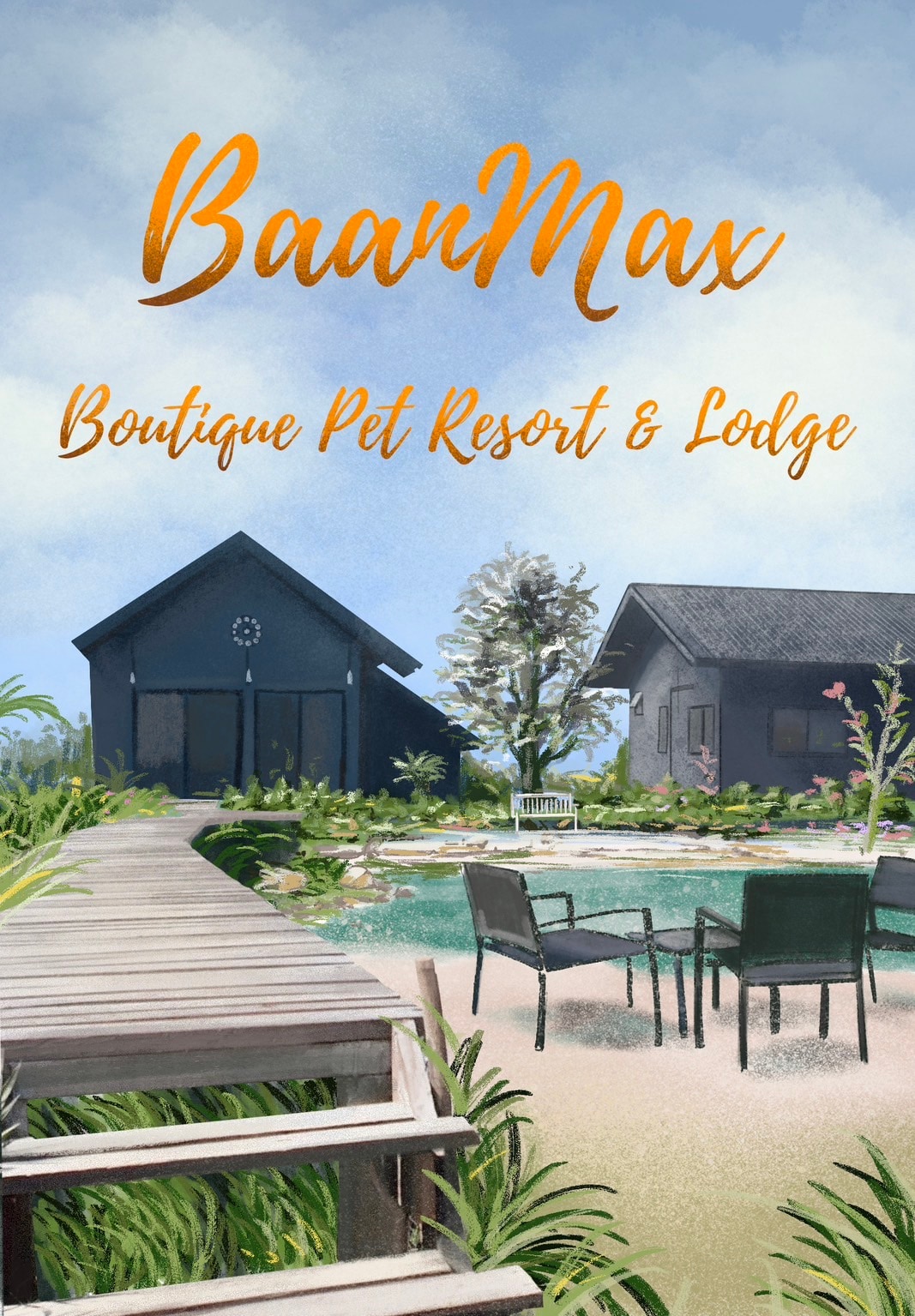 A serene view of BaarMax Boutique Pet Resort & Lodge showcases an inviting outdoor area. A pathway leads to a swimming pool surrounded by lush greenery, with comfortable seating arranged nearby. Two distinct lodge structures are visible, set against a clear blue sky.