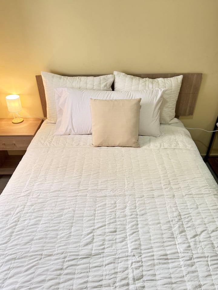 Kitanda cha watu wawili, taulo mbili, vioo, kabati la chuma. Chumba kilicho na kiyoyozi, dawati lenye taa na meza ya kando ya kitanda iliyo na taa.