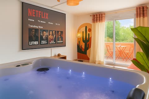Popular Airbnb listing: Hidden Oasis - Jacuzzi and cinema in Minimes / Barrière De Paris / Ponts Jumeaux / La Vache / Raisin / Fondeyre