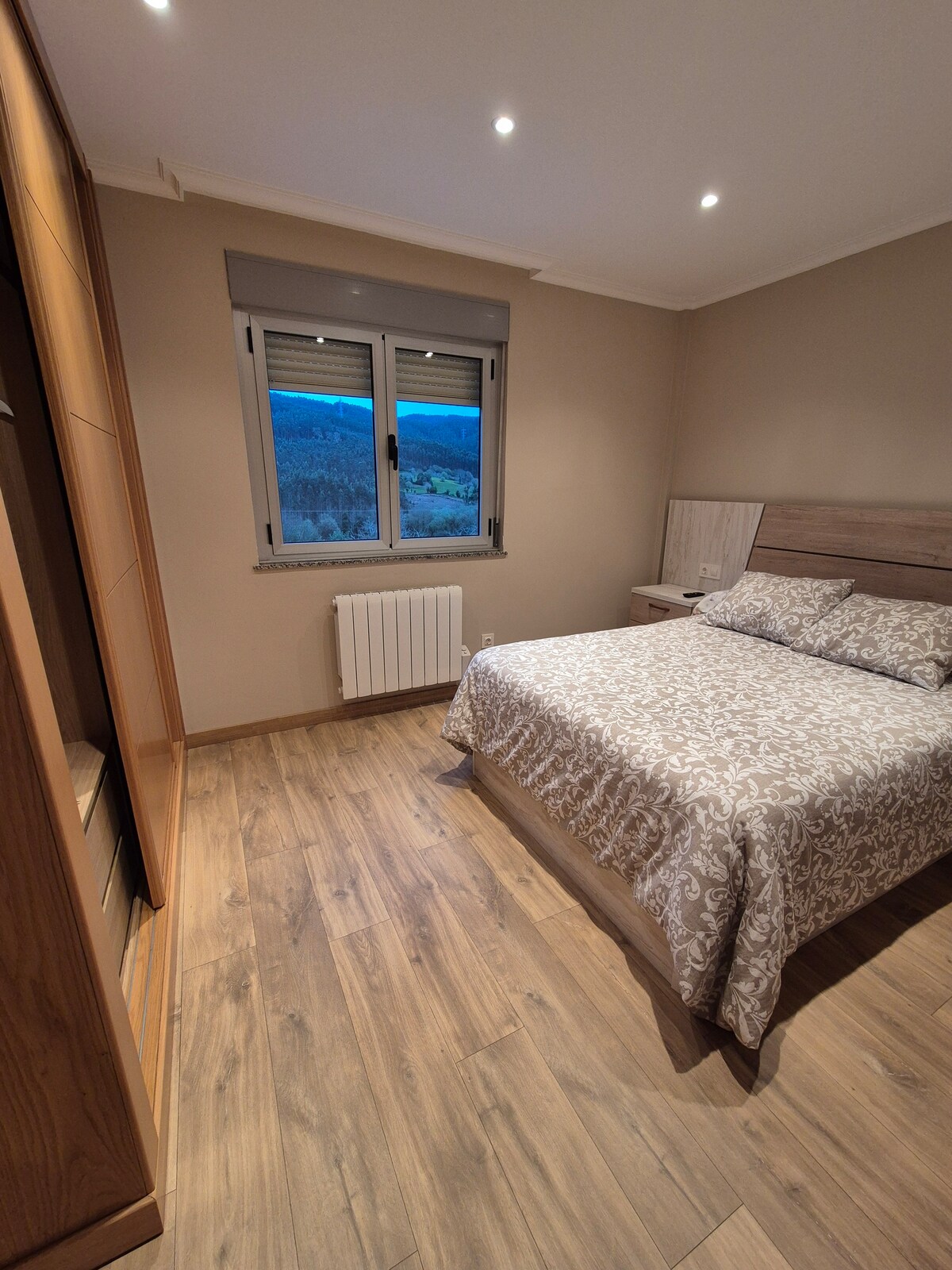 A cozy bedroom features a spacious bed dressed in a patterned coverlet. Natural light filters through a window, providing views of the surrounding landscape. A radiator and nightstand are situated near the bed, and built-in wooden closets line one wall.