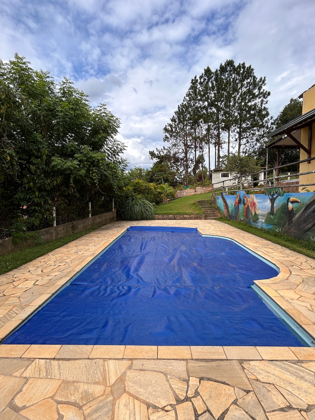 A rectangular swimming pool is framed by natural stone tiles, featuring a protective cover. Lush greenery lines one side, enhancing the serene environment. A gentle slope leads to a mural-adorned wall in the background, contributing to the tranquil setting.