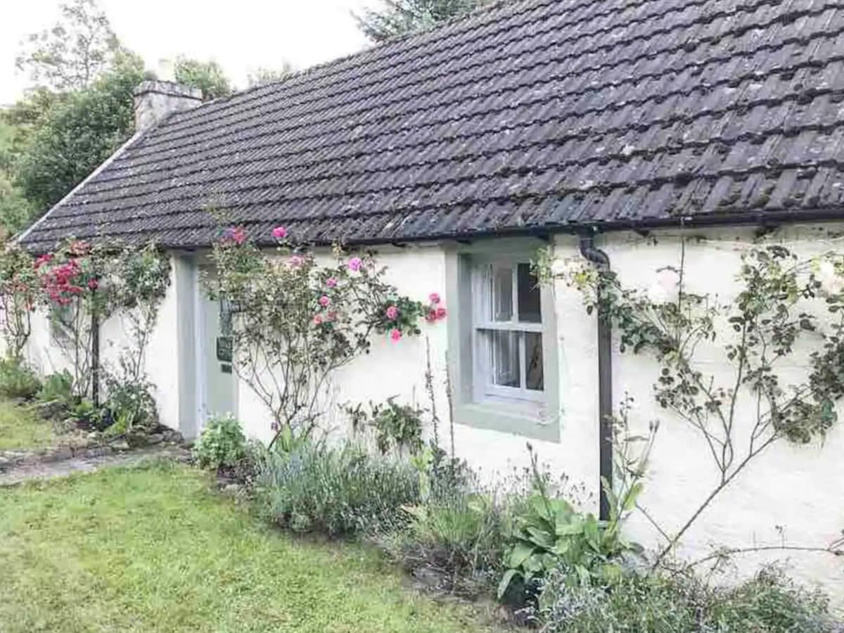 The exterior of the cottage showcases a traditional design with a stone facade and a slate roof. Vibrant climbing roses adorn the walls, complemented by lush greenery in the garden. A pathway leads along the front, enhancing the cottage's rustic charm.