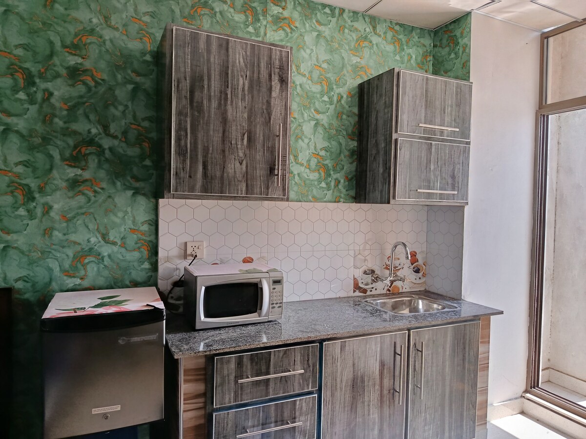 A compact kitchen area is visible, featuring modern cabinets with a wood finish and a green patterned wall. A microwave is placed on the counter, alongside a stainless steel sink. A small refrigerator is positioned to the left, blending with the overall design.