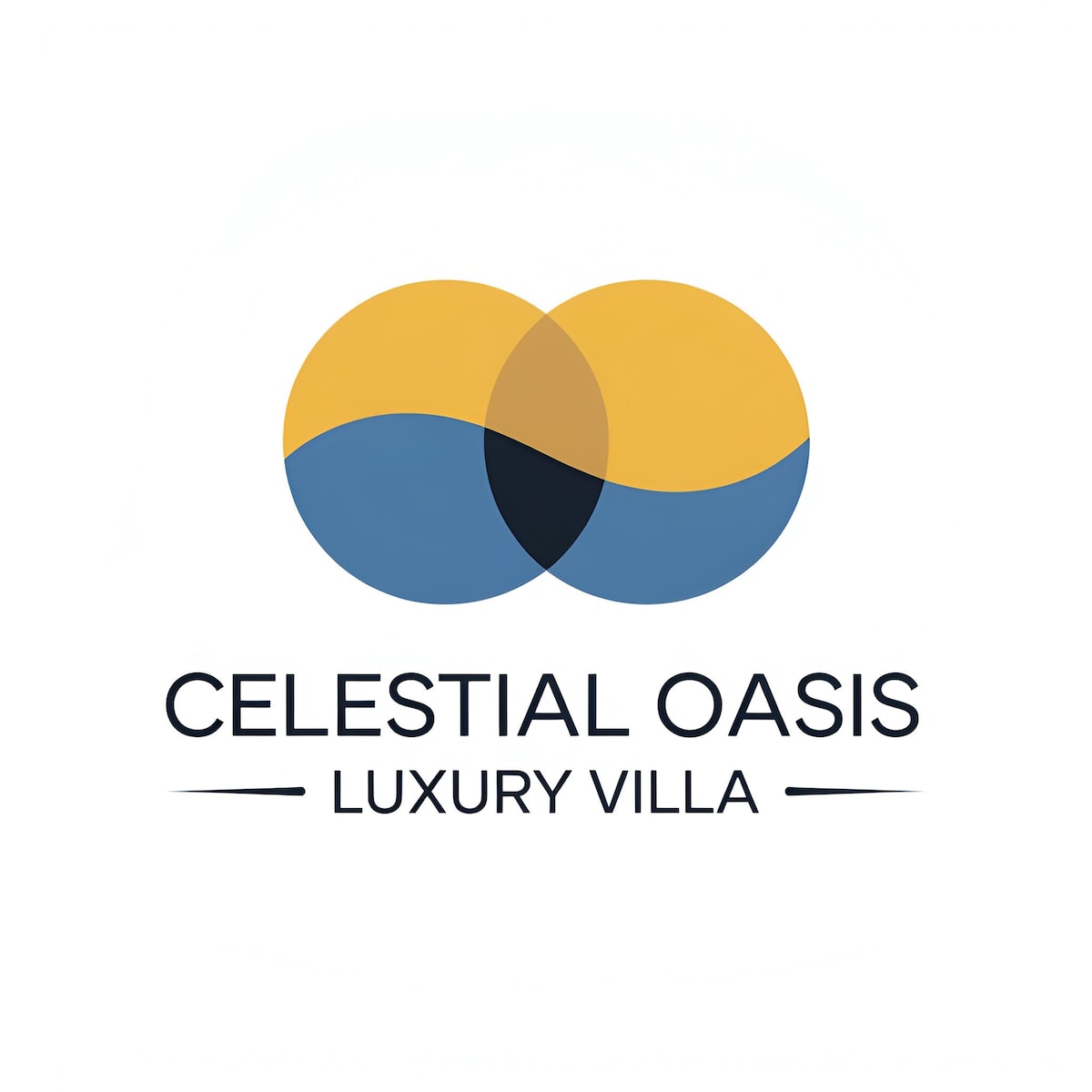 The logo of Celestial Oasis is displayed, featuring two overlapping circles in blue and yellow tones. Below the circles, the name 'Celestial Oasis' is presented in a modern font, accompanied by the text 'LUXURY VILLA' in a smaller size.