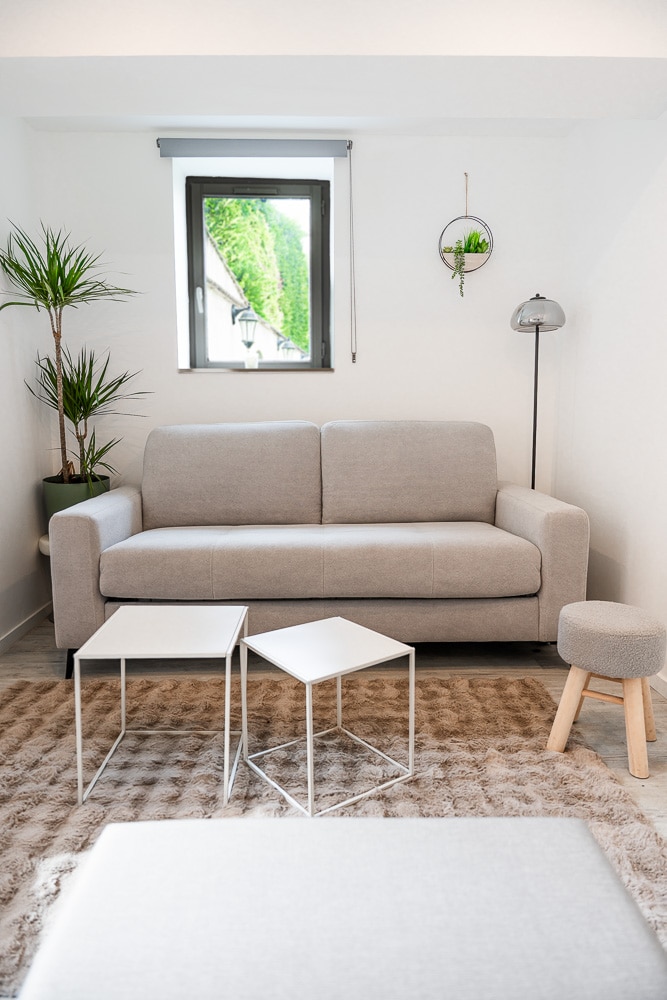 A light-filled living area features a comfortable gray sofa accompanied by a small, round stool and two modern, geometric tables. Natural greenery is present in the corner, complemented by a wall shelf. A small window allows for ample daylight.