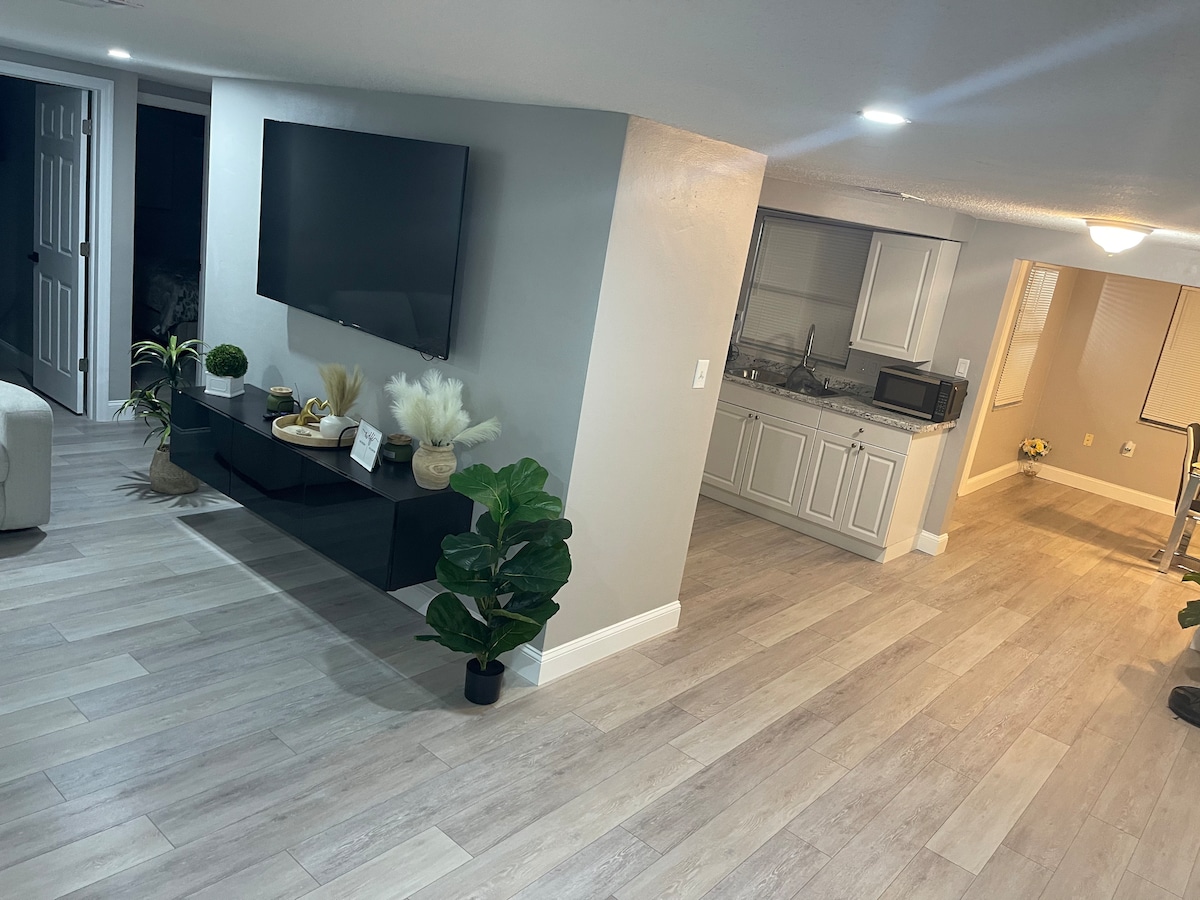 The open living area features a large flat-screen television mounted on a modern console, complemented by decorative plants. An equipped kitchenette is visible in the background, while light-colored flooring enhances the spacious feel of the room.