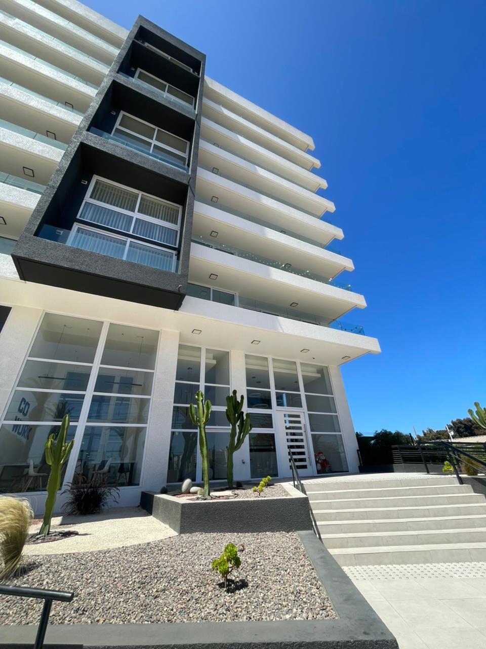 The exterior of a modern condominium building is showcased, featuring a combination of large glass windows and balconies. Green cacti and carefully arranged stones surround the entrance, while a clear blue sky provides a striking backdrop. The architecture is characterized by clean lines and contemporary design.