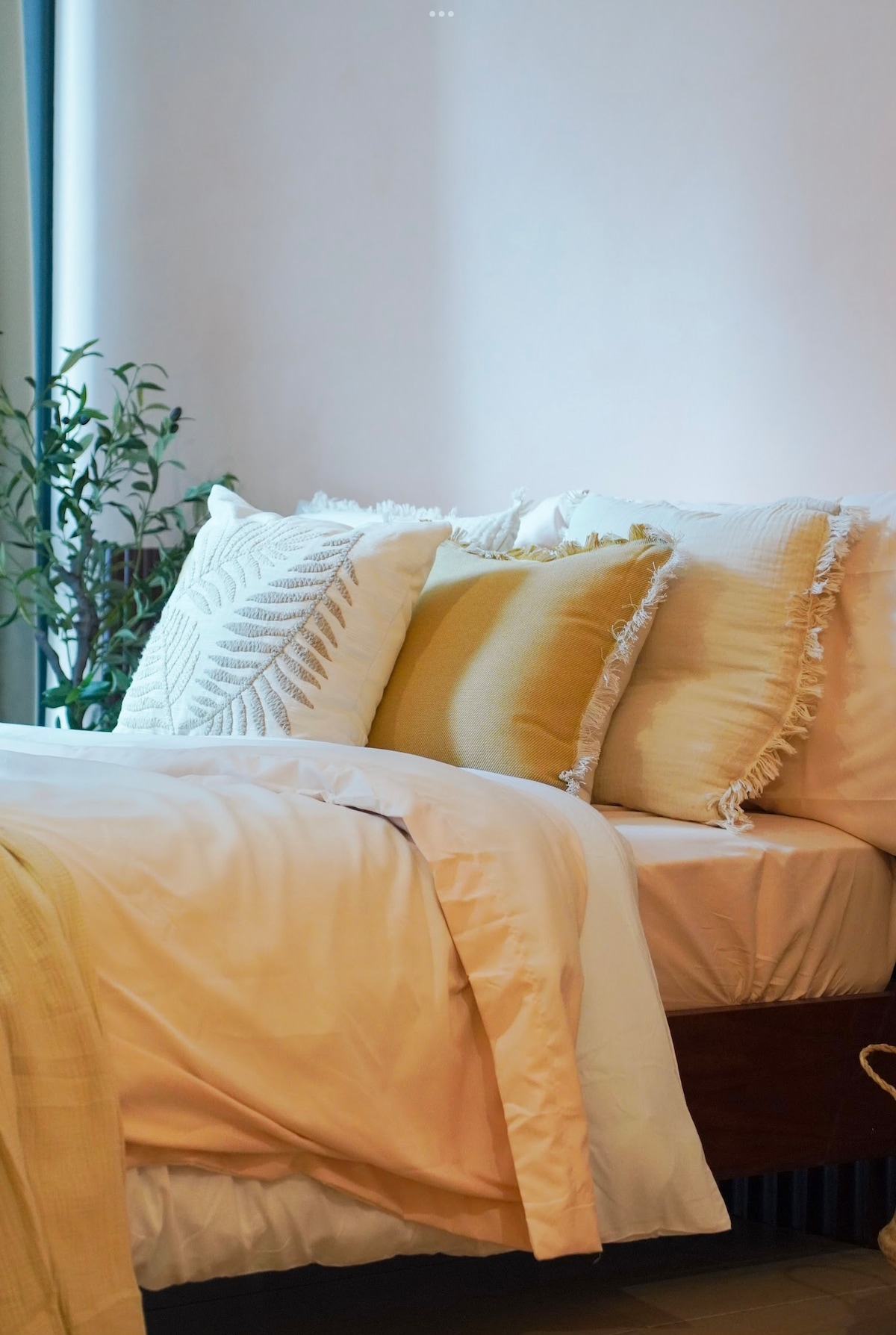 A serene sleeping area features a spacious bed adorned with soft white linens and an array of decorative pillows in various textures. A touch of greenery from a nearby plant adds a calming element to the room.