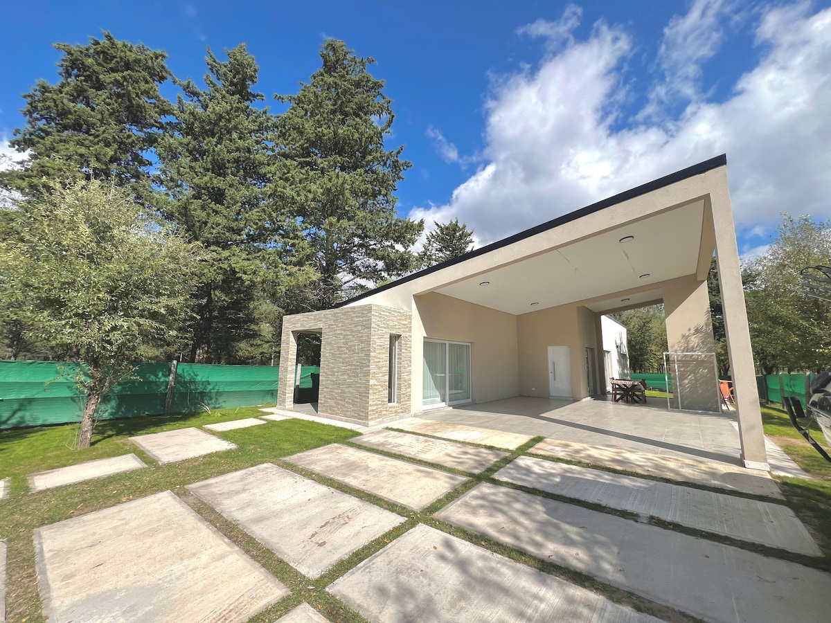 The exterior of the house is showcased, featuring a modern design with a sloped roof. Surrounding greenery and a well-maintained yard are visible, including concrete pathways leading to the entrance. Large glass doors offer a view into the spacious interior, inviting natural light.