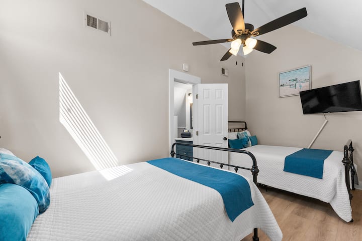 The Upstairs “Loft” bedroom has 2 full comfy sized beds and its own bathroom with walk in closet space. 42” smart Roku TV for watching your favorite shows after a long day the beach