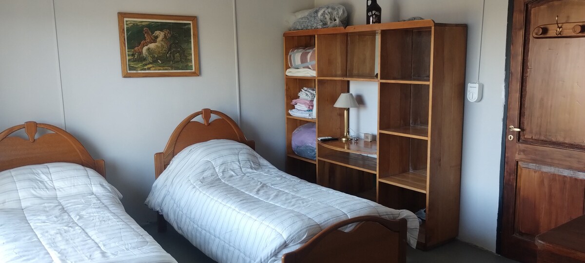 A serene sleeping area is furnished with two twin beds, covered in light linens. A wooden bookshelf holds neatly arranged towels and other items. A small lamp is placed on the shelf, and a piece of wall art adds character to the room.