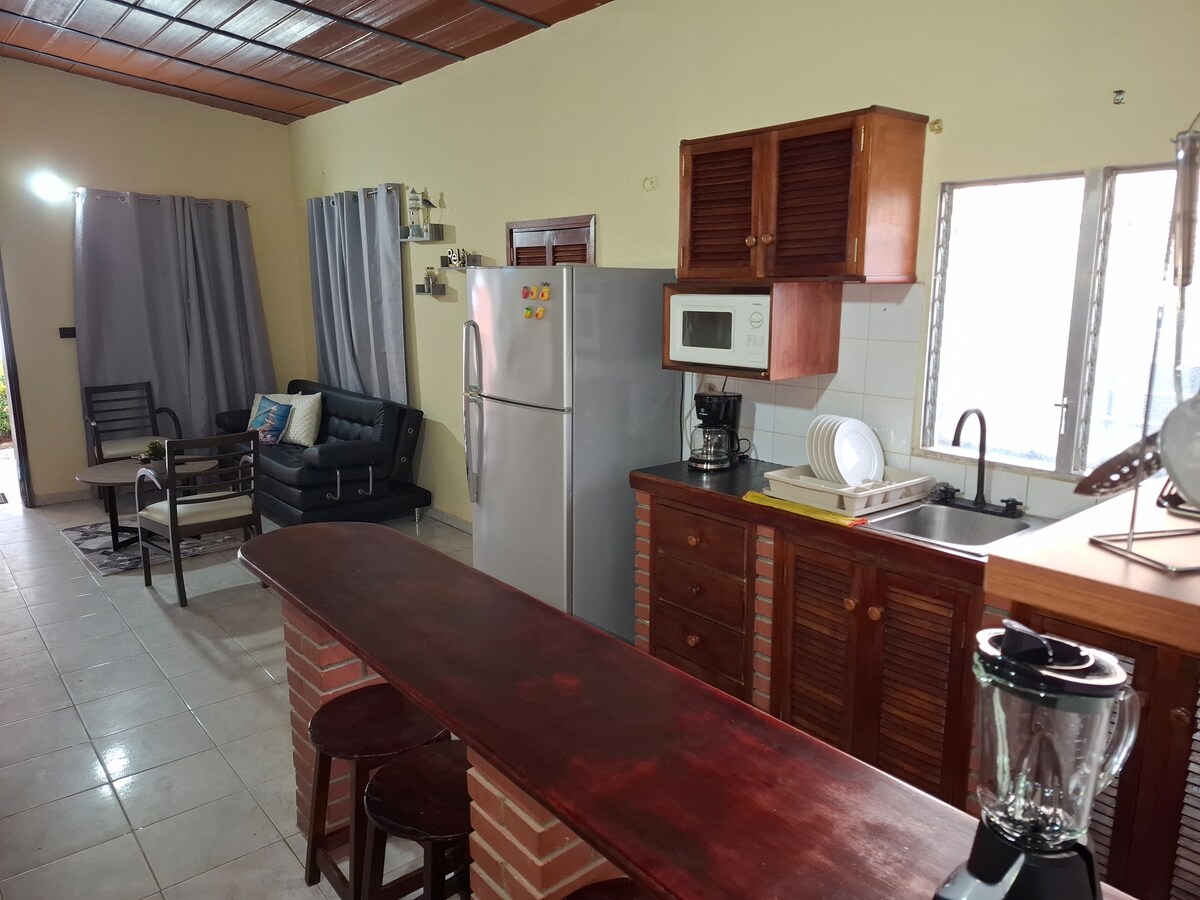 An open kitchen and living area are featured, equipped with a compact dining bar and stools. A refrigerator and a microwave are visible, along with a coffee maker. Natural light enters through large windows covered by gray curtains, illuminating the adjacent lounging area with a sofa.
