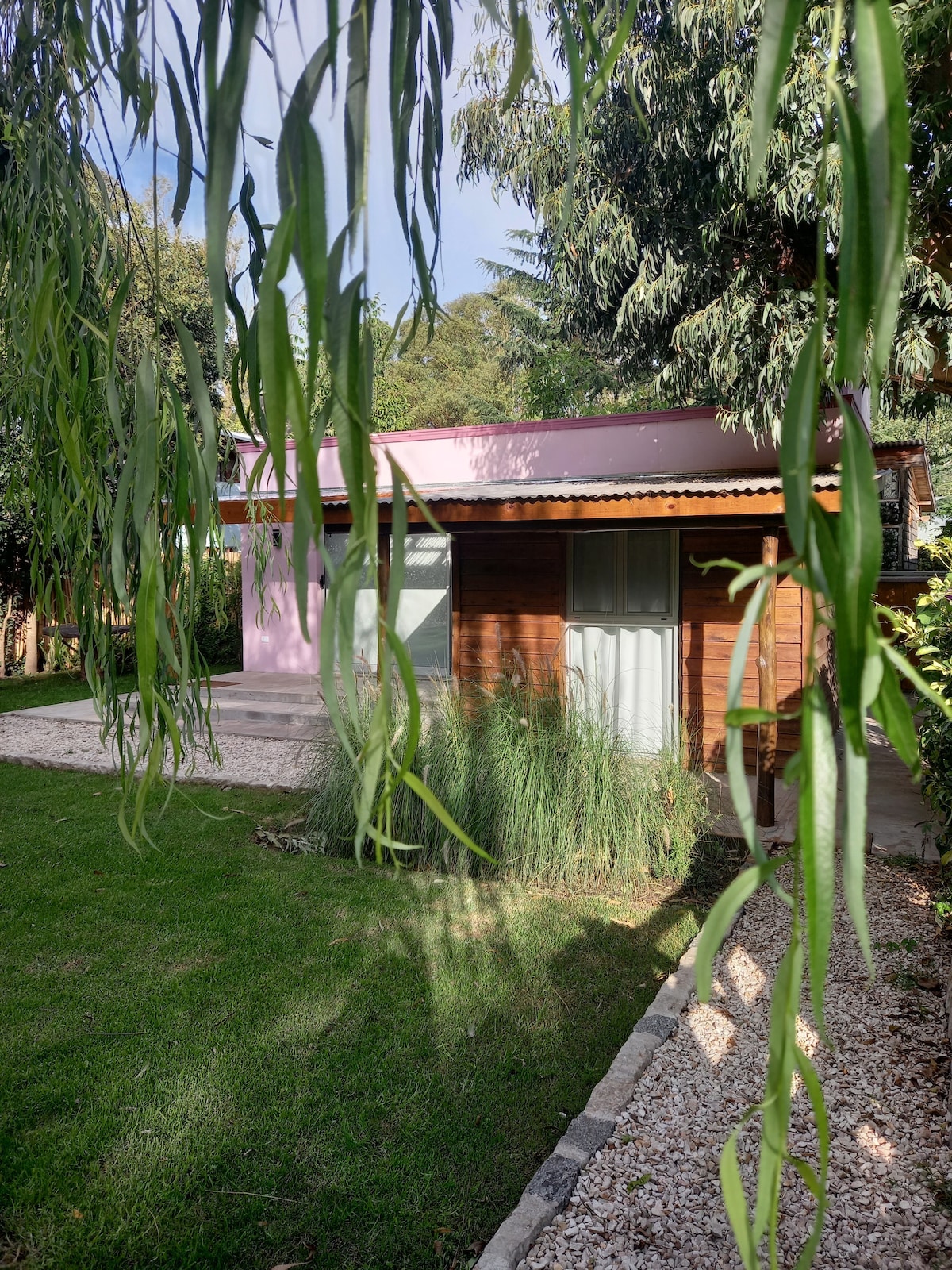 A charming cabin is nestled among lush greenery, showcasing wooden siding and a pink roof. Tall grasses and carefully arranged stones are present in the surrounding landscape, while willow branches sway gently in the foreground, framing the cabin's inviting exterior.