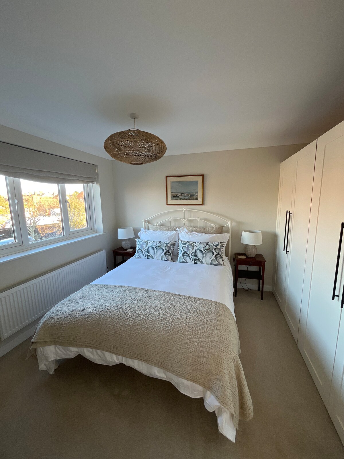 Დიდი ზომის საწოლი. საგულდაგულო დასაკიდი და თაროების სათავსოები გარდერობებში.