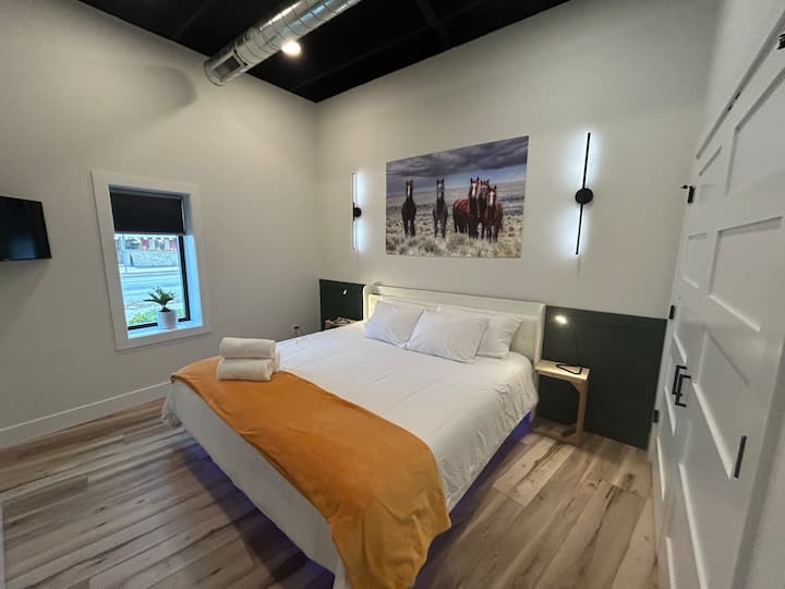 Уживајте во удобноста на брачен кревет (широк 150-179 см) со сводести тавани и сопствена бања во Wild Mustang Room!  Фотографијата над креветот (направена од член на семејството)  е омилена на сопственикот и одлично ја поздравува собата.