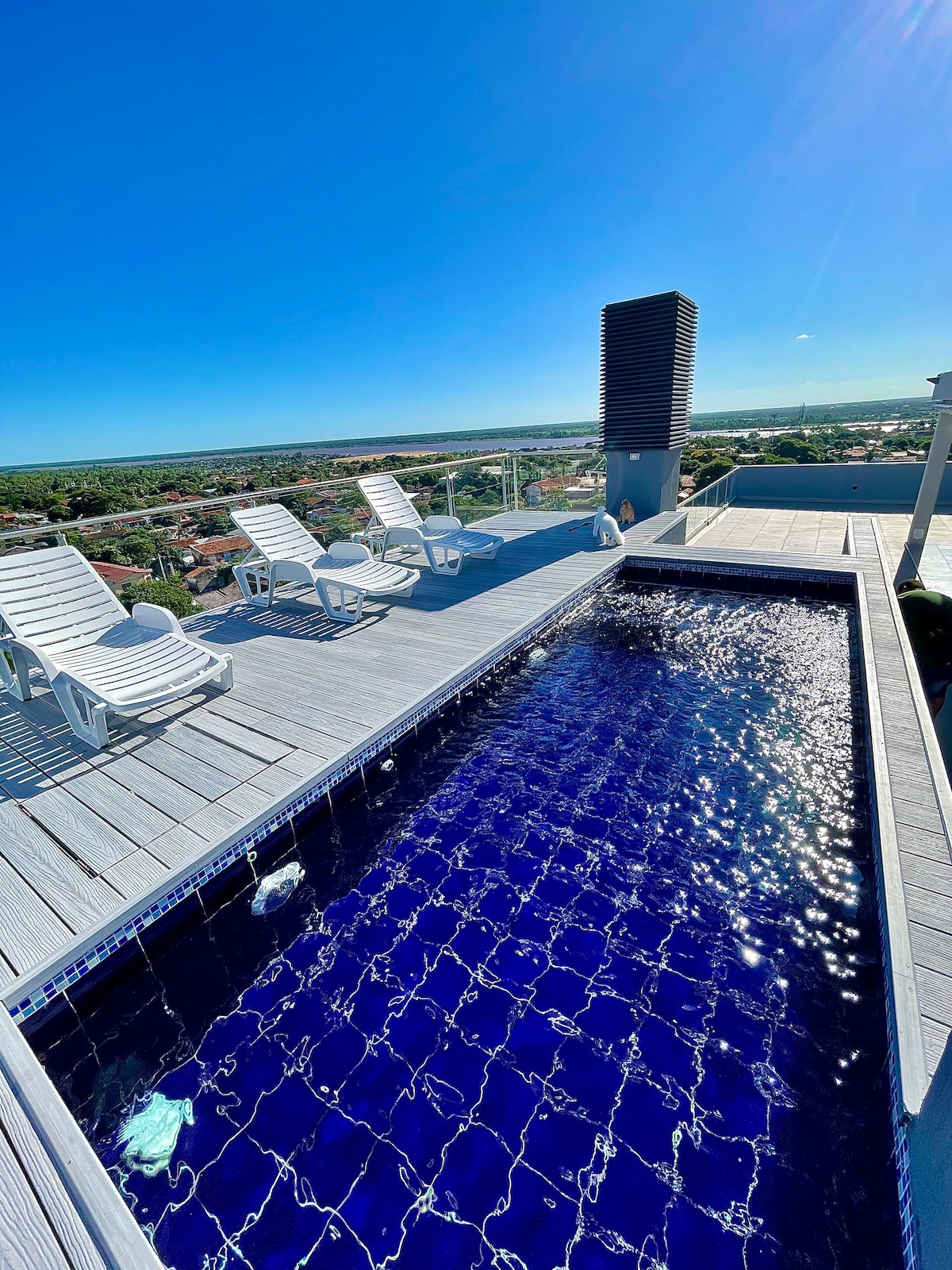 A rooftop area features a rectangular pool bordered by wooden decking. Five lounge chairs are positioned nearby, offering views of the surrounding landscape. The clear blue sky reflects on the water's surface, creating an inviting outdoor space.