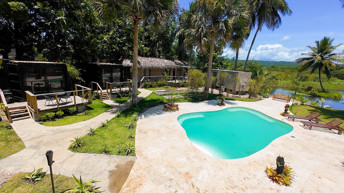 A serene view of a lagoon-side resort reveals a shimmering pool surrounded by well-maintained tropical landscaping. The pool area is complemented by sun loungers and a pathway leading to tiny homes. Lush palm trees provide shade, enhancing the natural ambiance of the space.